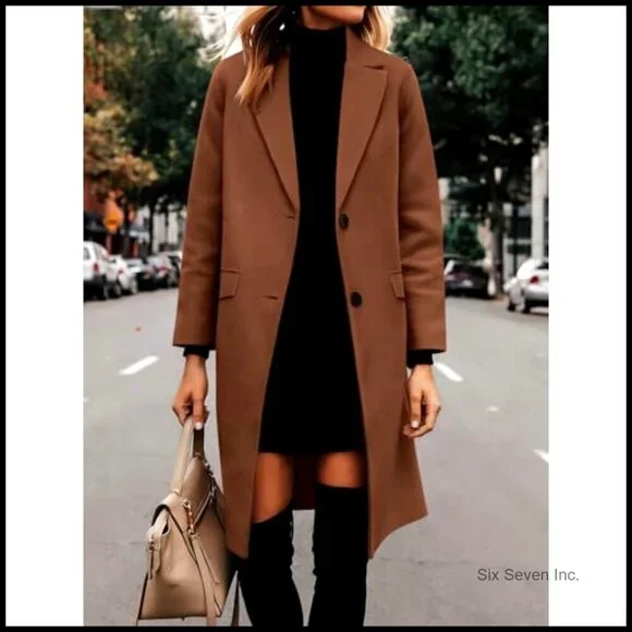 Notched Lapel Peacoat Loose Fit Trench Coat Classic Elegant Winter Outerwear - Picture 3 of 7